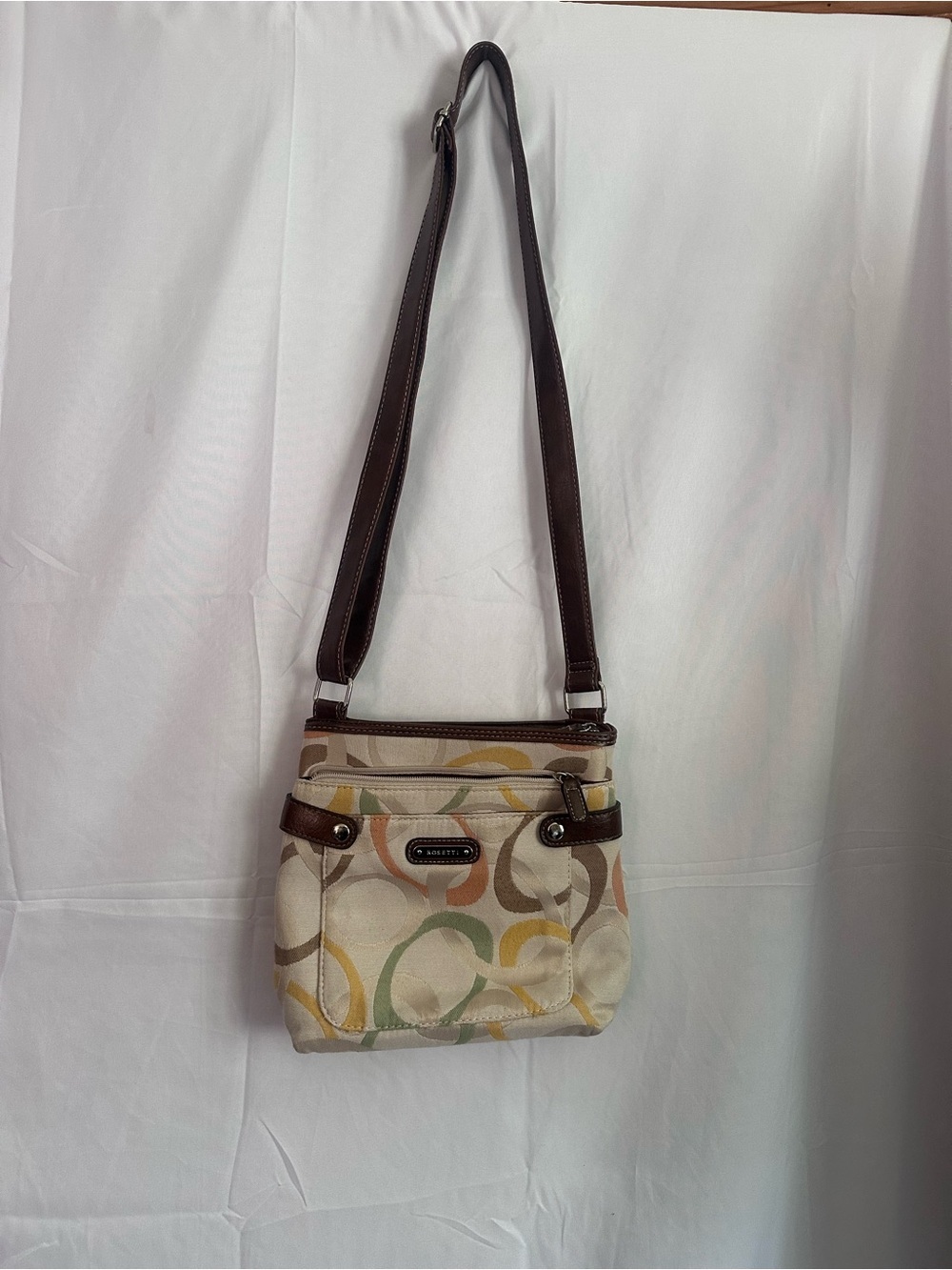 Rossetti Neutral Ring-Print Crossbody Bag with Brown Trim